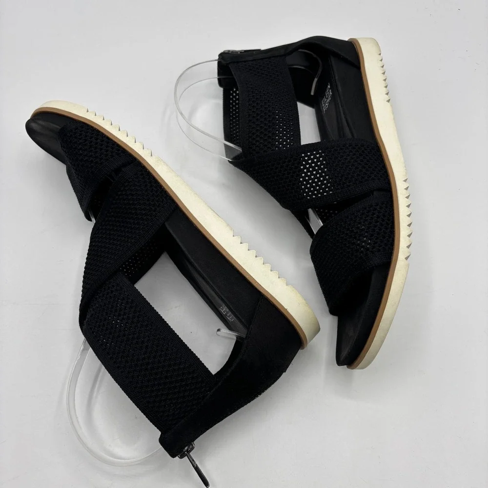 Eileen Fisher Black Stretch Mesh Crisscross Platform Sandals Size‎ 9.5 Zip Back